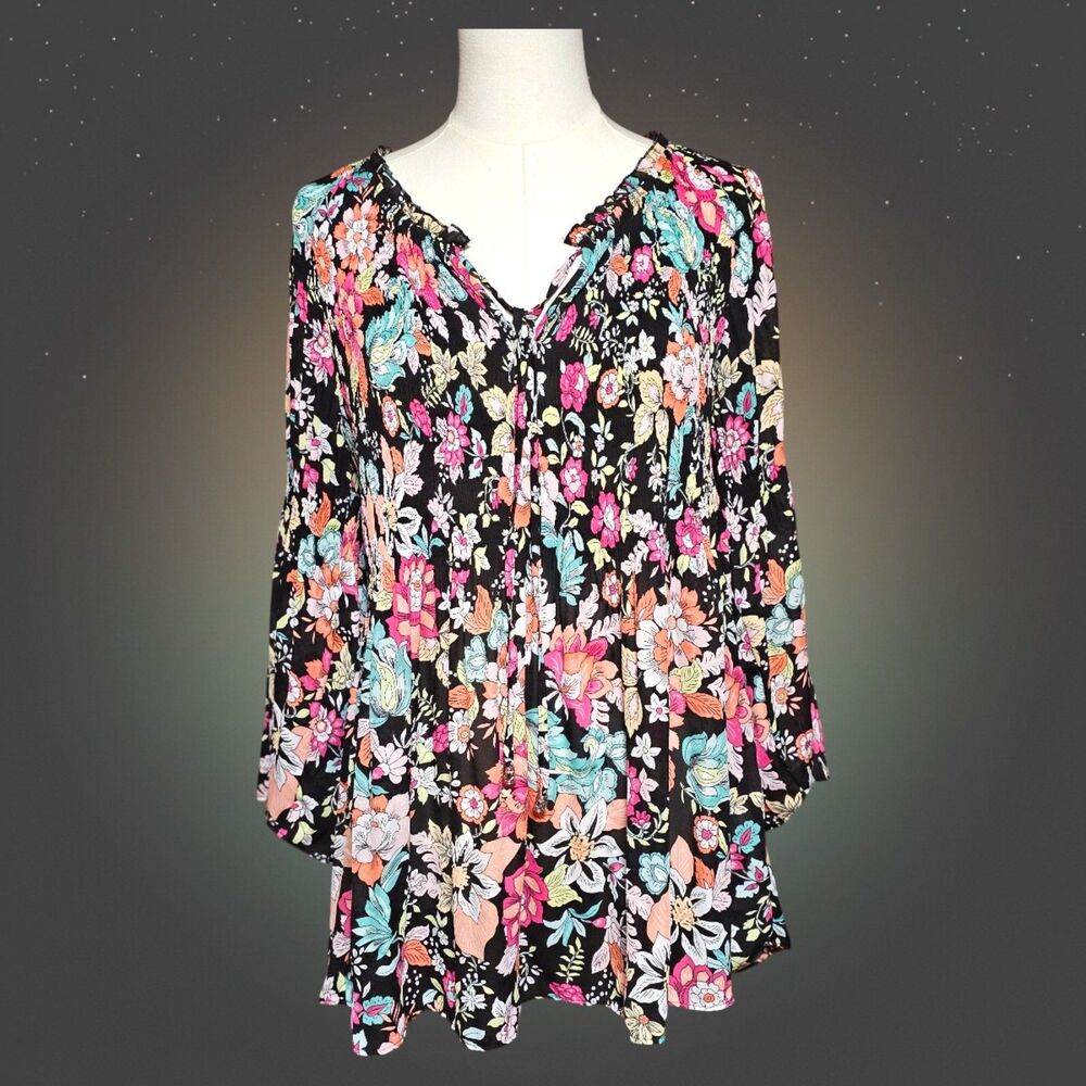Ninety Sz M Boho Floral Peasant Tunic Top Flowy Festival Cottagecore